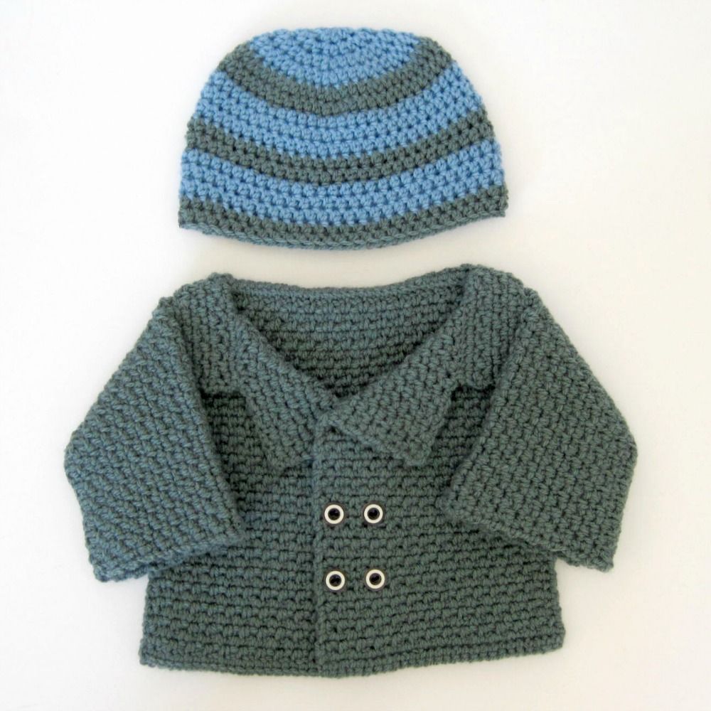 Crochet Striped Baby Boy Hat and Peacoat free crochet patterns She's